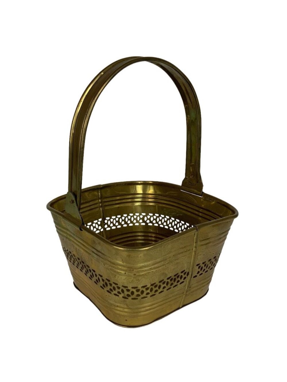 Solid Brass Square Pierced Ribbed Basket From India Decorative Container